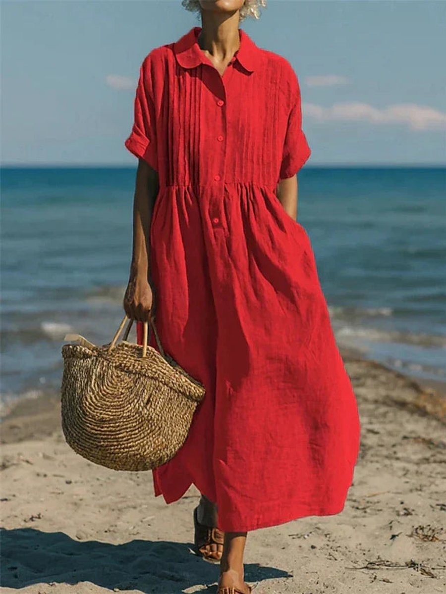 Lena Breezy Short-Sleeve Midi Shirt Dress