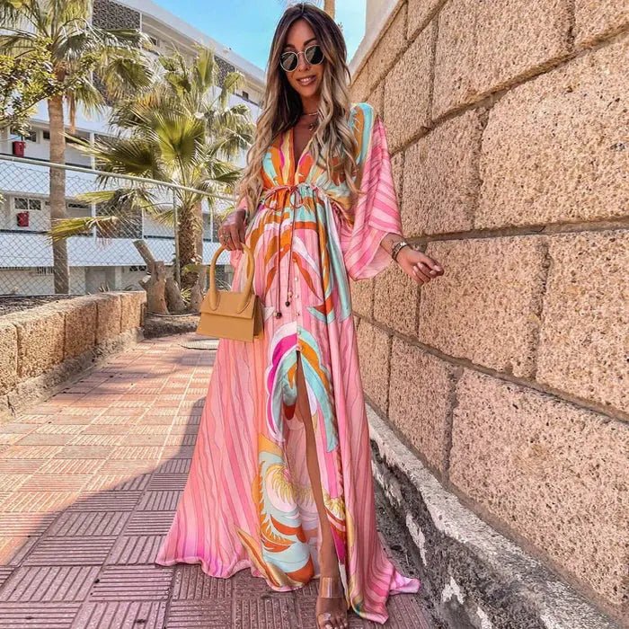 Marie Deep V-Neck Kimono Sleeve Tie-Waist Maxi Dress