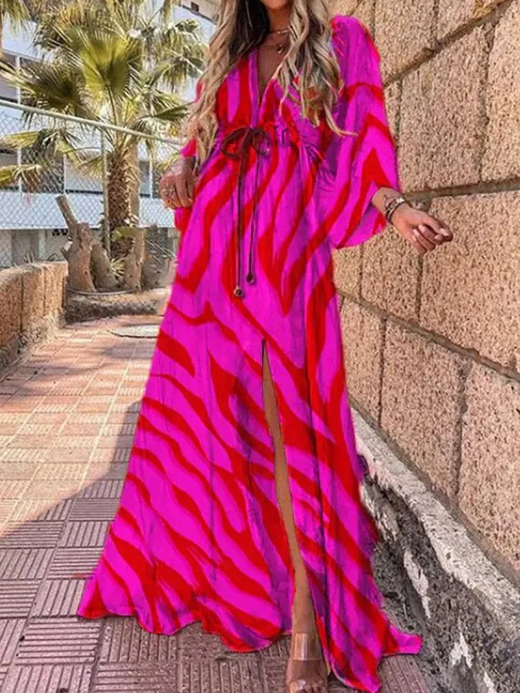 Marie Deep V-Neck Kimono Sleeve Tie-Waist Maxi Dress