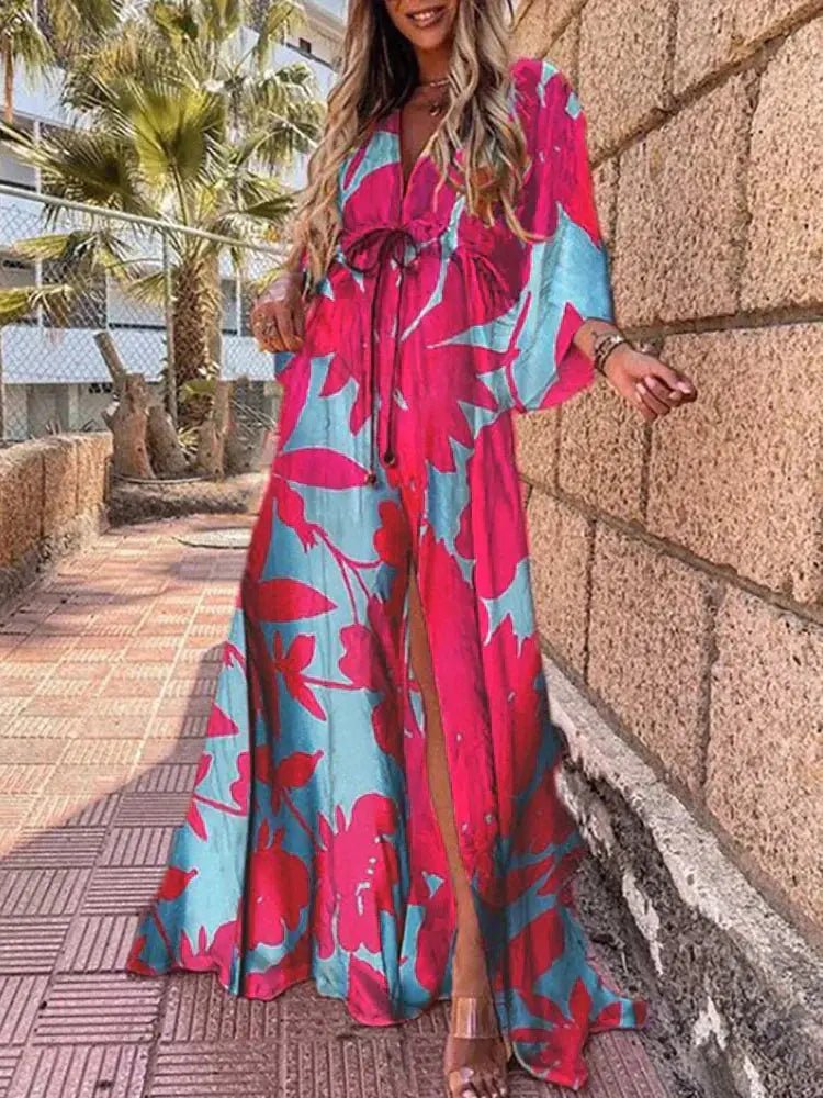 Marie Deep V-Neck Kimono Sleeve Tie-Waist Maxi Dress