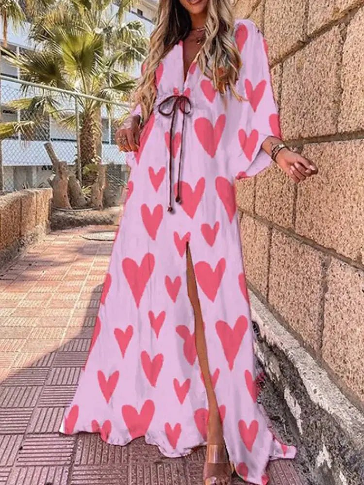 Marie Deep V-Neck Kimono Sleeve Tie-Waist Maxi Dress