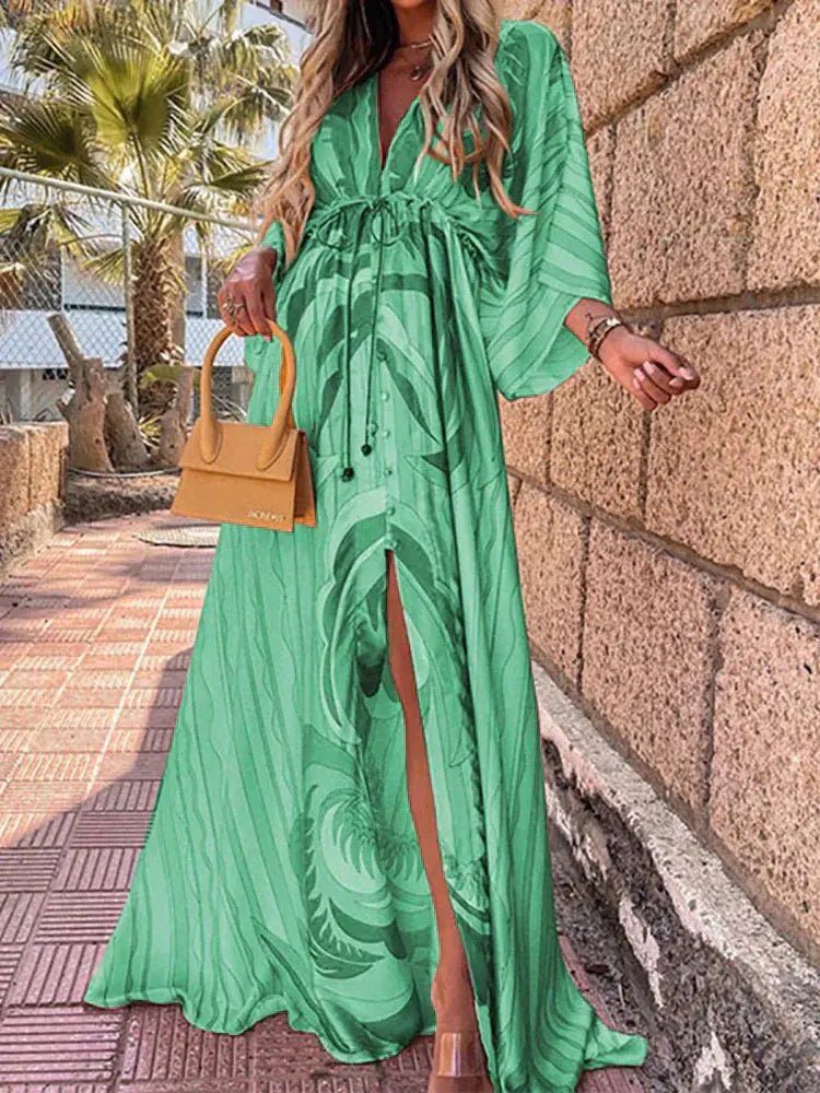 Marie Deep V-Neck Kimono Sleeve Tie-Waist Maxi Dress