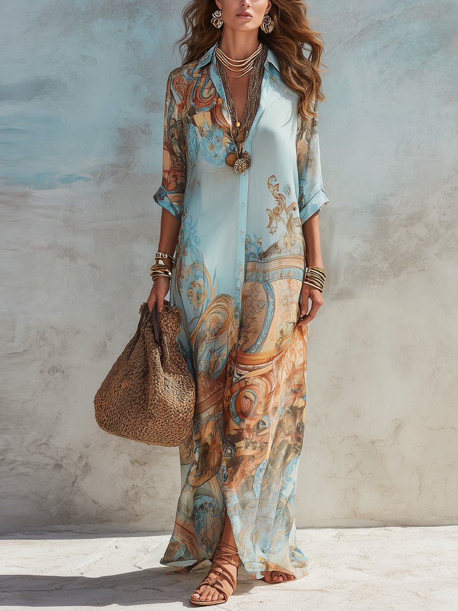 Elisabeth Paisley Print Long-Sleeve Shirt Midi Dress