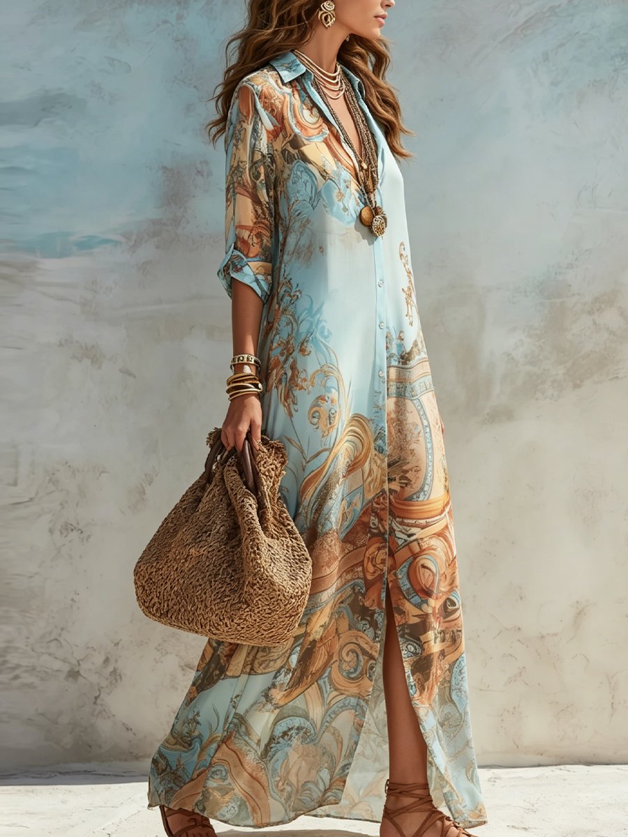 Elisabeth Paisley Print Long-Sleeve Shirt Midi Dress