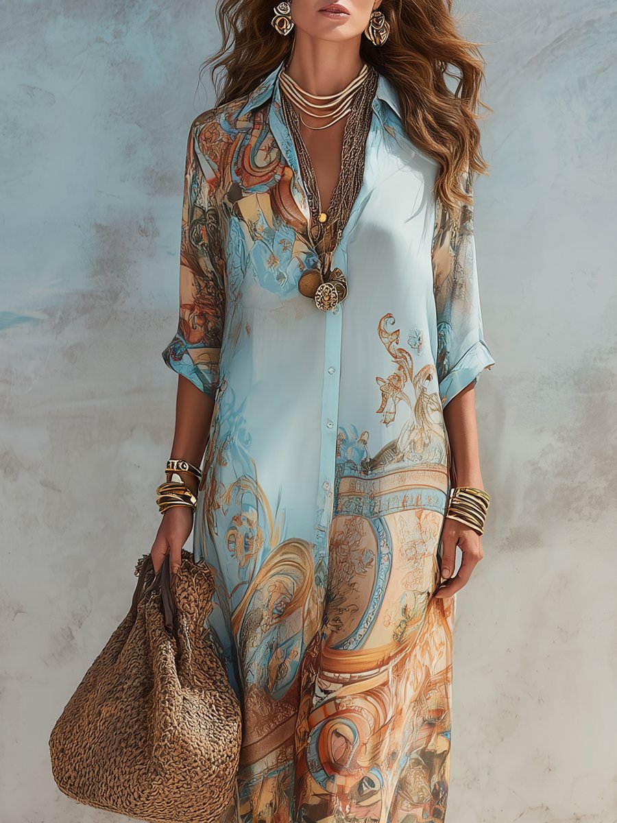 Elisabeth Paisley Print Long-Sleeve Shirt Midi Dress