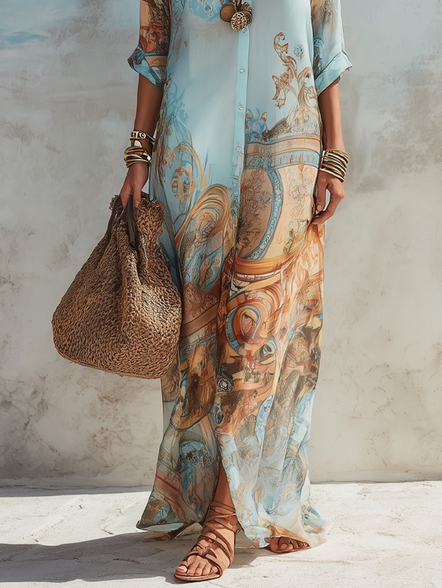 Elisabeth Paisley Print Long-Sleeve Shirt Midi Dress