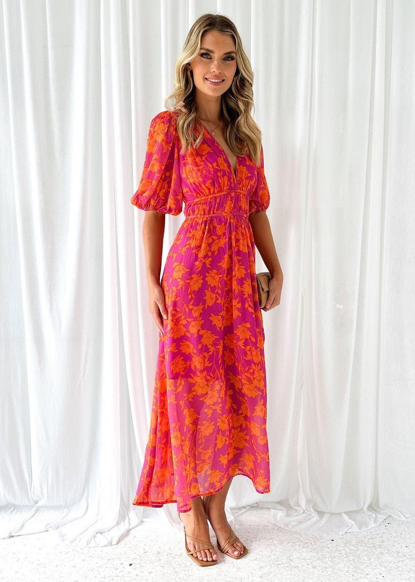 Luisa Puff Sleeve Floral Midi Dress