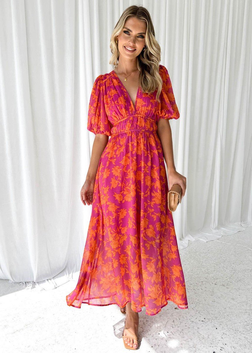 Luisa Puff Sleeve Floral Midi Dress