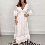 Elisabeth White Eyelet Lace V-Neck Ruffle Sleeve Midi Dress