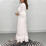 Elisabeth White Eyelet Lace V-Neck Ruffle Sleeve Midi Dress