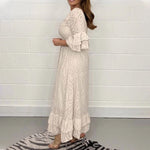 Elisabeth White Eyelet Lace V-Neck Ruffle Sleeve Midi Dress