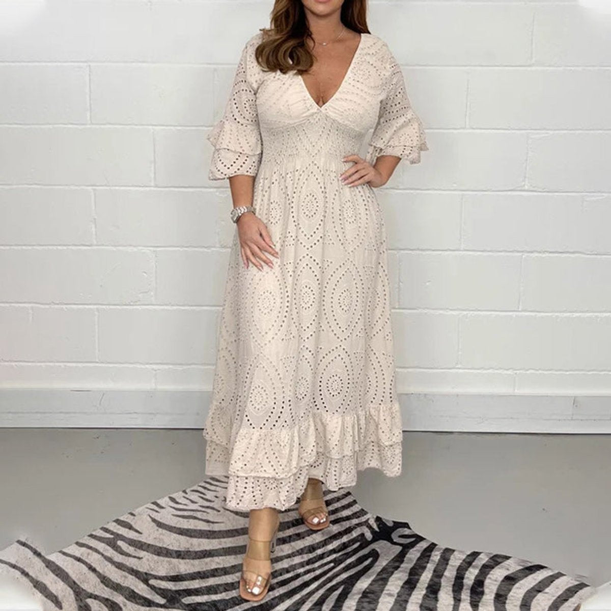 Elisabeth White Eyelet Lace V-Neck Ruffle Sleeve Midi Dress