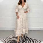 Elisabeth White Eyelet Lace V-Neck Ruffle Sleeve Midi Dress