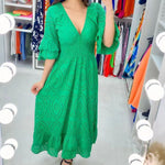 Elisabeth White Eyelet Lace V-Neck Ruffle Sleeve Midi Dress