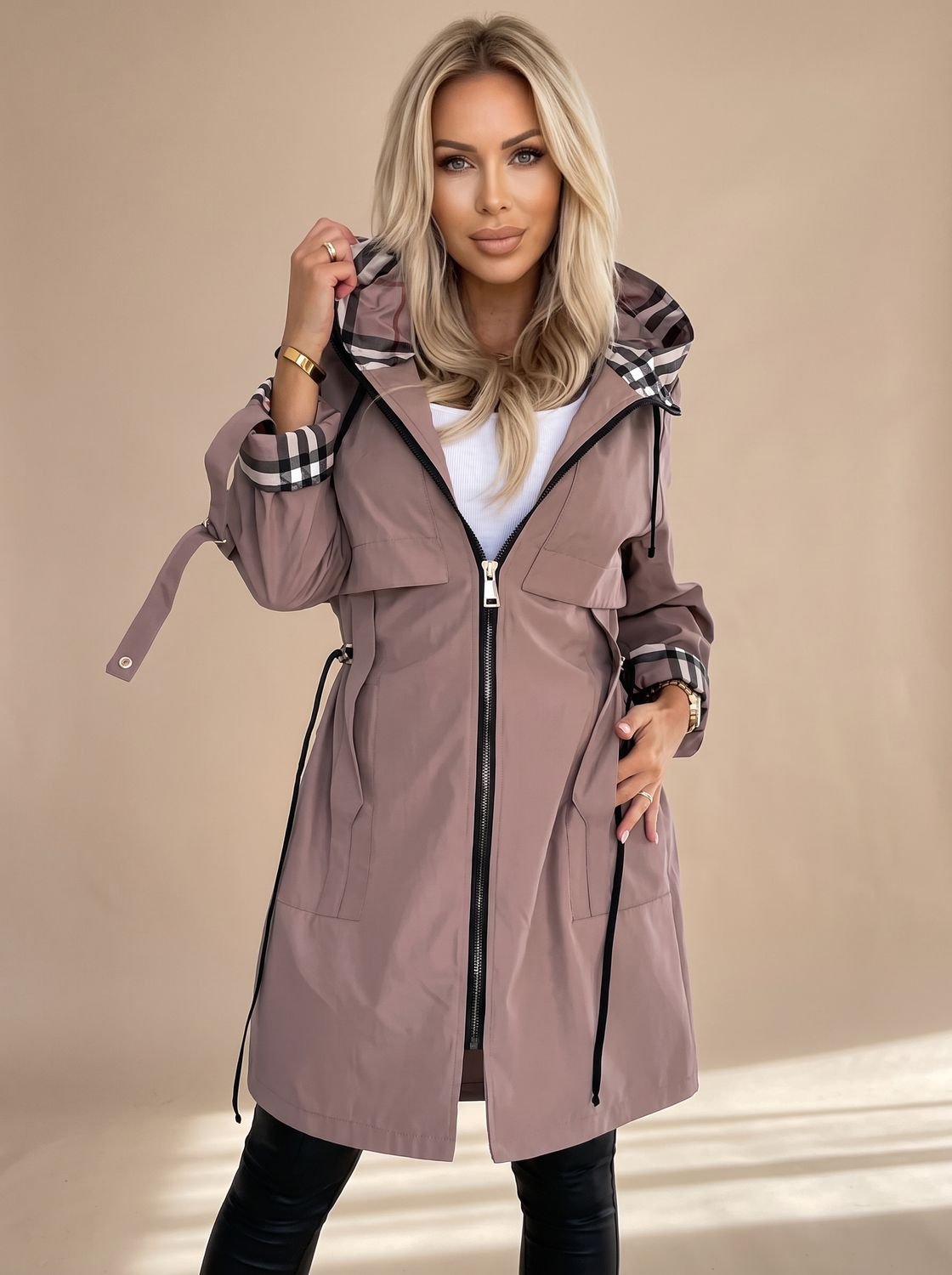 Luisa Hooded Plaid Trench Coat
