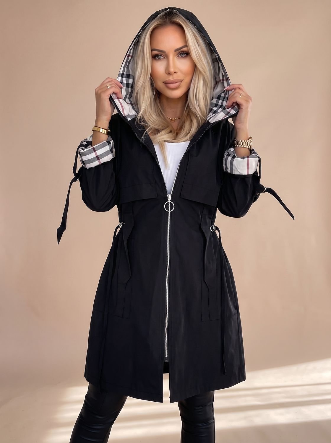 Luisa Hooded Plaid Trench Coat