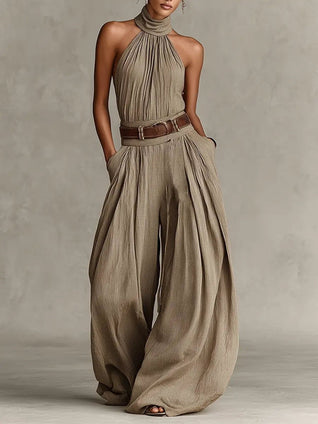 Greta Halter Wide-Leg Sleeveless Jumpsuit with Belt
