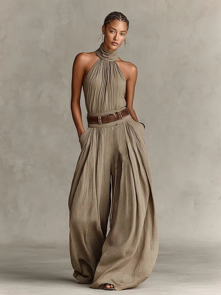 Greta Halter Wide-Leg Sleeveless Jumpsuit with Belt