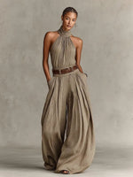 Greta Halter Wide-Leg Sleeveless Jumpsuit with Belt