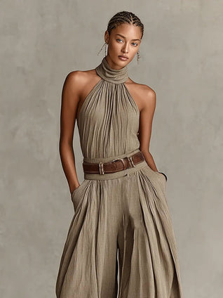 Greta Halter Wide-Leg Sleeveless Jumpsuit with Belt