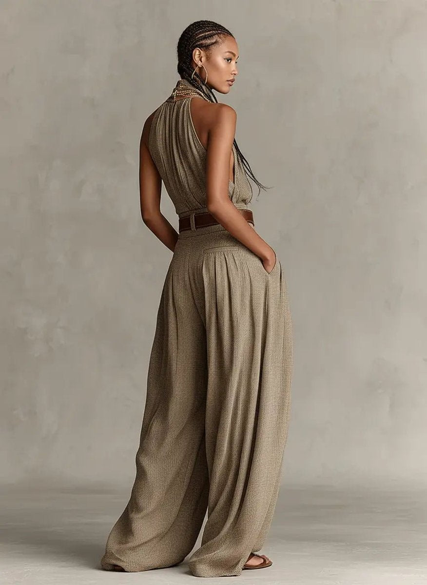 Greta Halter Wide-Leg Sleeveless Jumpsuit with Belt