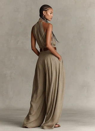 Greta Halter Wide-Leg Sleeveless Jumpsuit with Belt