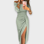 Nora Off-Shoulder Fitted Midi Cocktail Dress with Slit