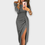 Nora Off-Shoulder Fitted Midi Cocktail Dress with Slit
