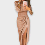 Nora Off-Shoulder Fitted Midi Cocktail Dress with Slit
