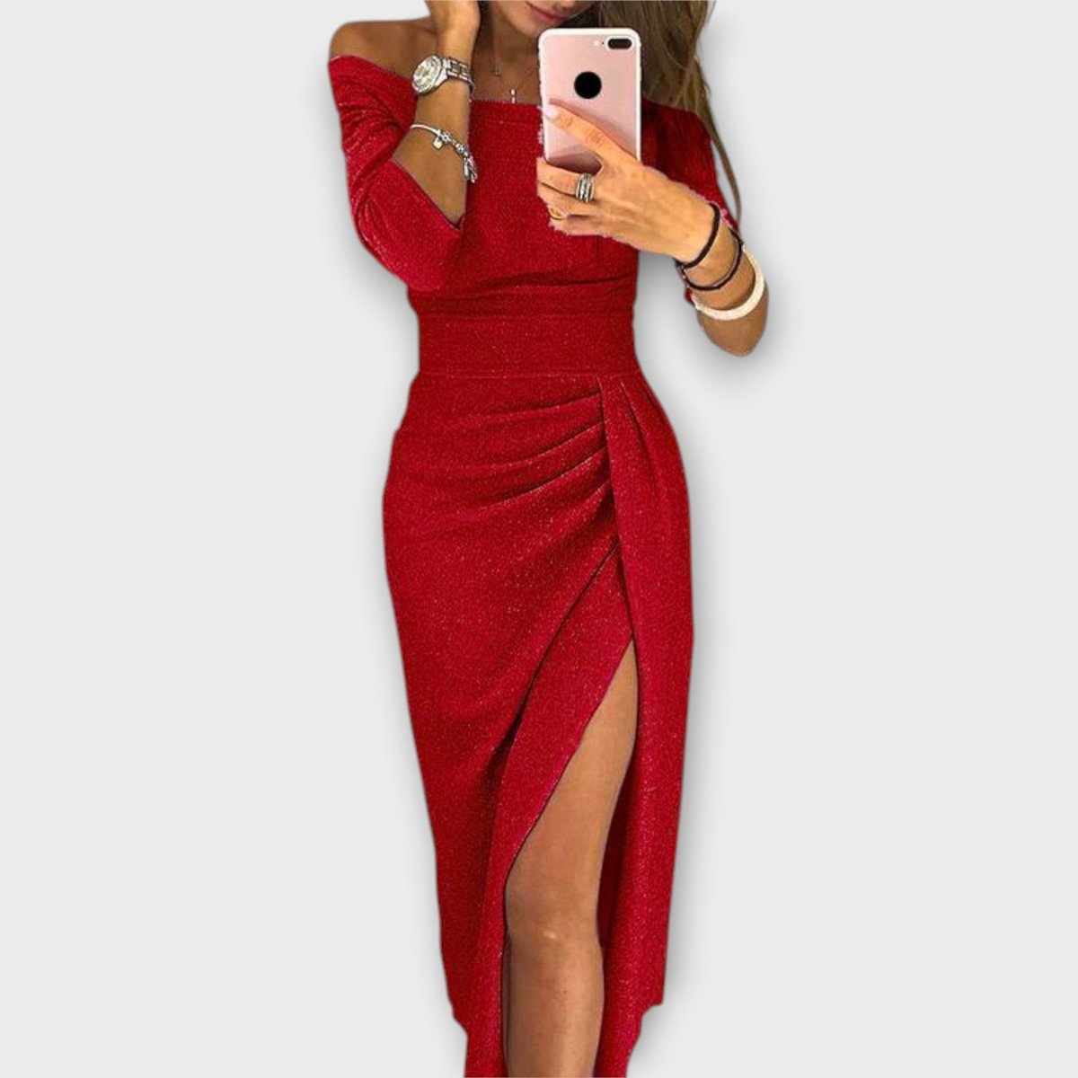 Nora Off-Shoulder Fitted Midi Cocktail Dress with Slit