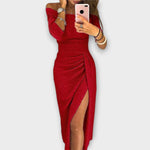 Nora Off-Shoulder Fitted Midi Cocktail Dress with Slit