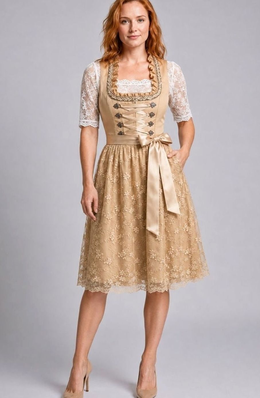 Annika Floral Lace Dirndl Dress with Lace-Up Bodice