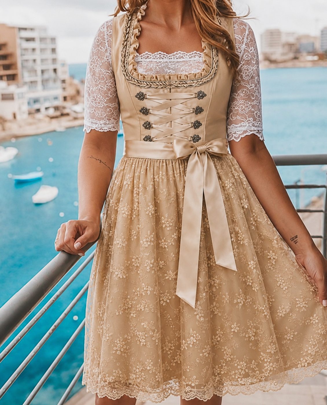 Annika Floral Lace Dirndl Dress with Lace-Up Bodice