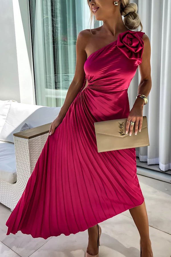 Mia One-Shoulder Pleated Maxi Dress with Floral Detail