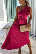 Mia One-Shoulder Pleated Maxi Dress with Floral Detail