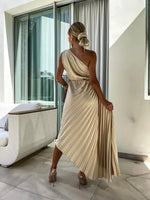 Mia One-Shoulder Pleated Maxi Dress with Floral Detail