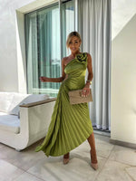 Mia One-Shoulder Pleated Maxi Dress with Floral Detail
