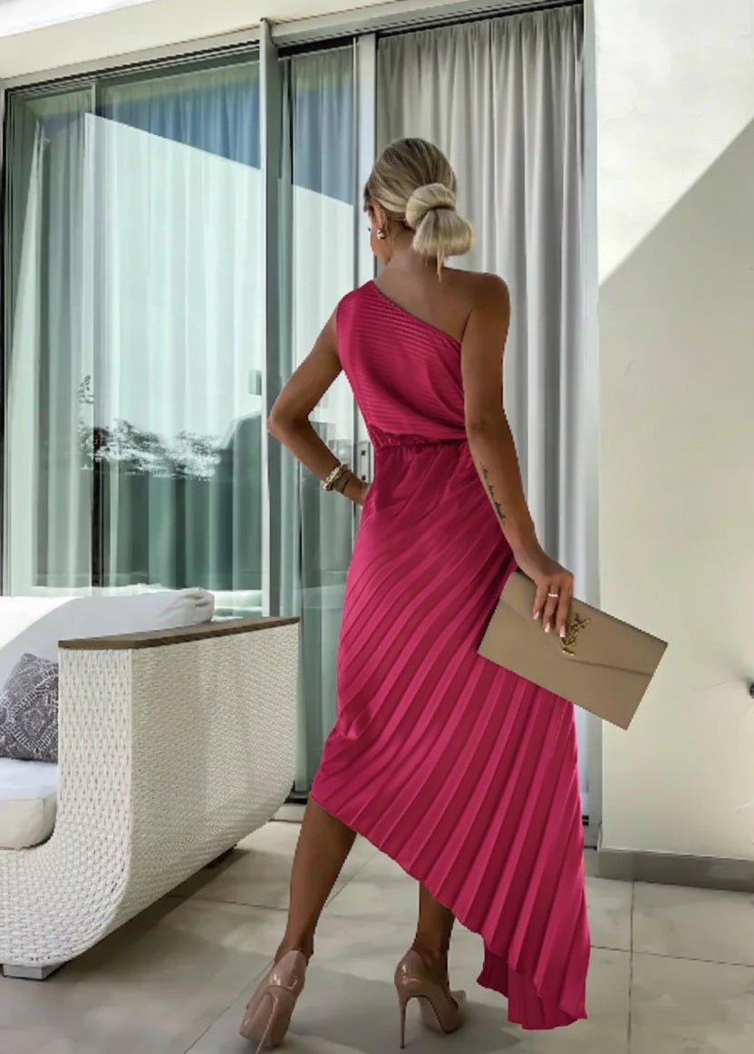 Mia One-Shoulder Pleated Maxi Dress with Floral Detail