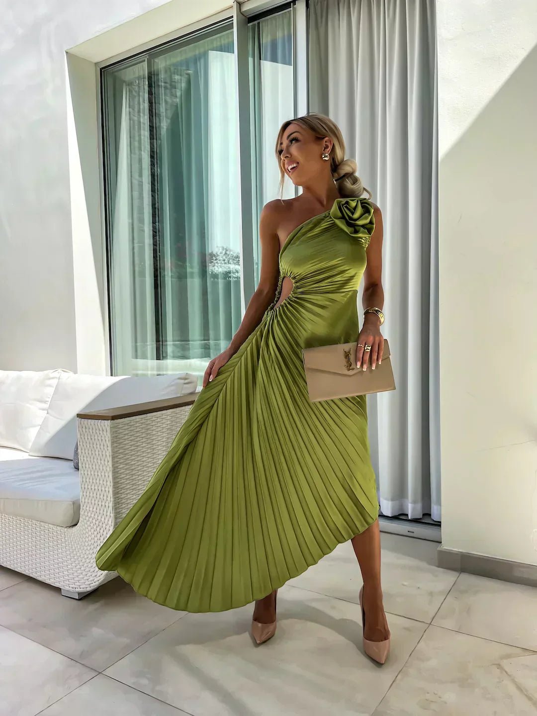 Mia One-Shoulder Pleated Maxi Dress with Floral Detail