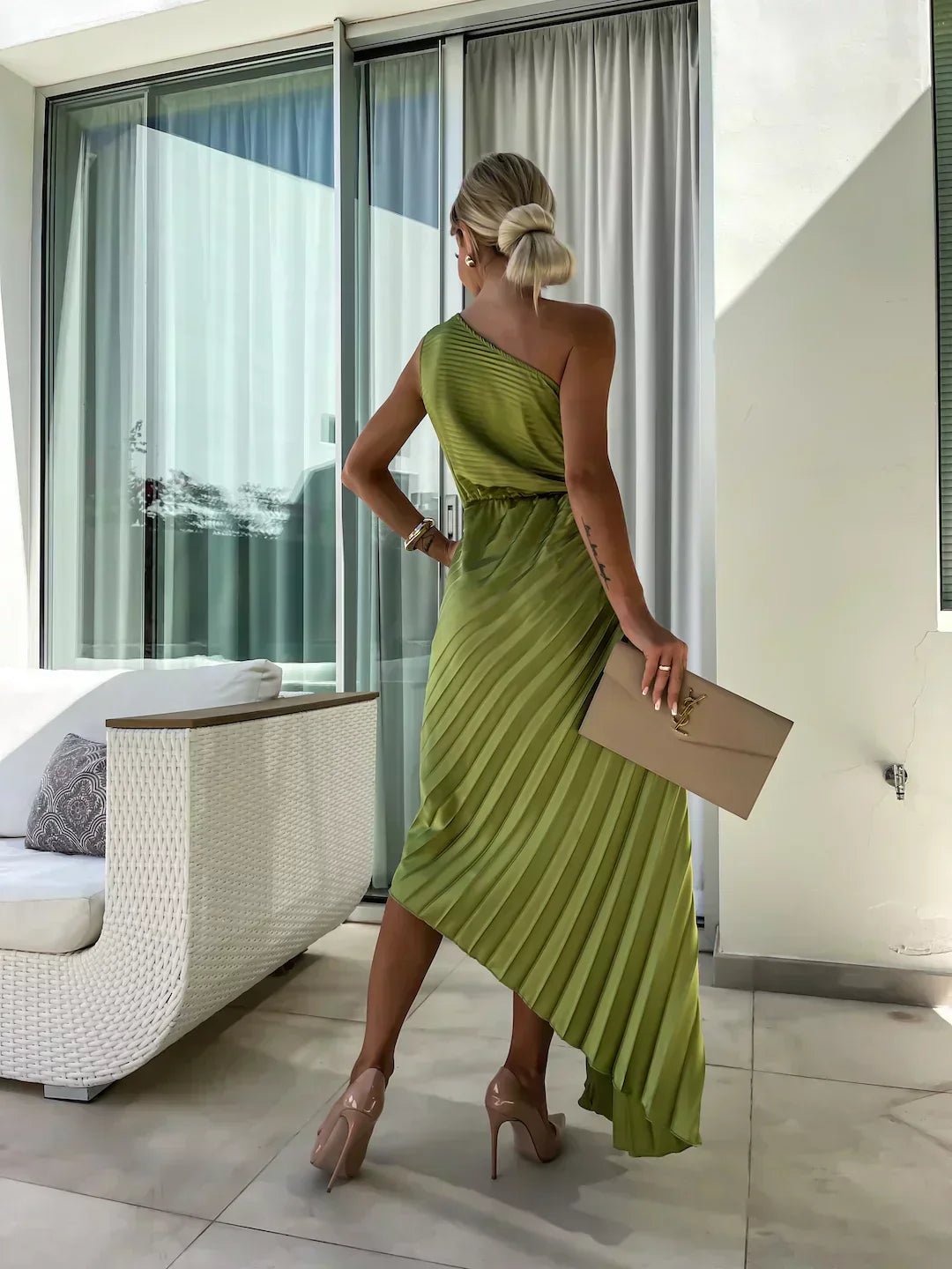 Mia One-Shoulder Pleated Maxi Dress with Floral Detail