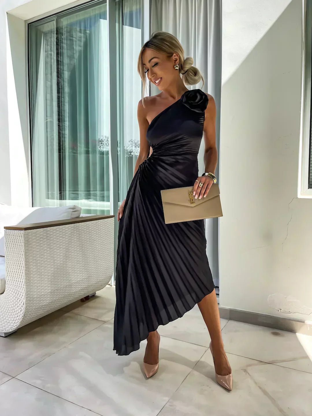 Mia One-Shoulder Pleated Maxi Dress with Floral Detail