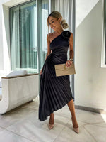 Mia One-Shoulder Pleated Maxi Dress with Floral Detail