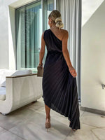 Mia One-Shoulder Pleated Maxi Dress with Floral Detail
