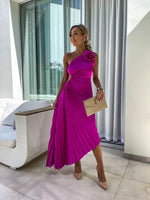 Mia One-Shoulder Pleated Maxi Dress with Floral Detail
