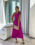 Mia One-Shoulder Pleated Maxi Dress with Floral Detail