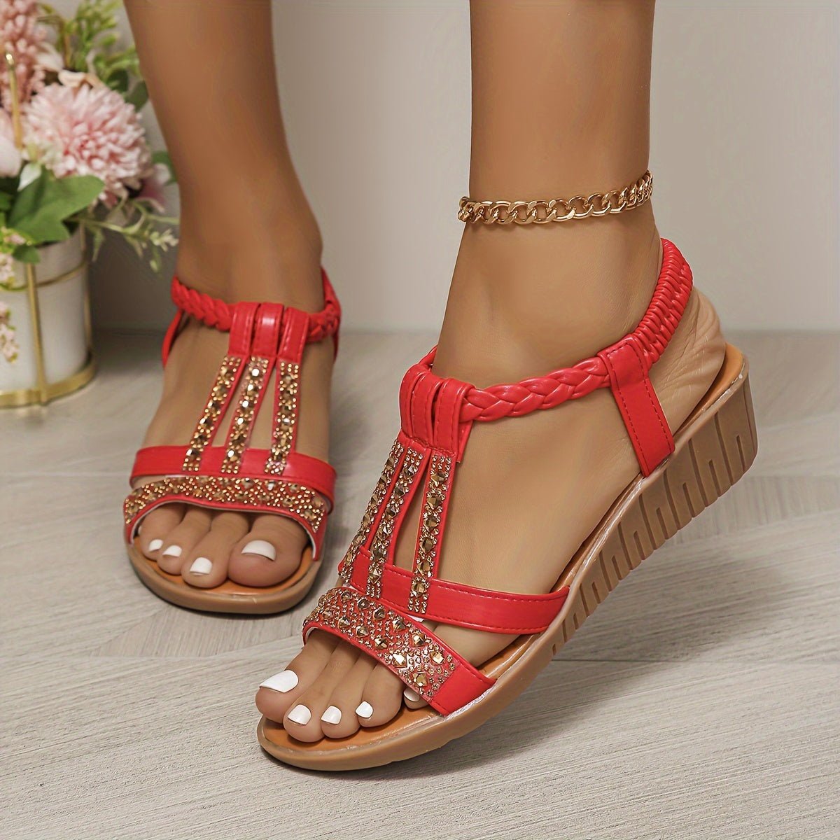 Frieda Orthopedic T-Strap Wedge Sandals with Rhinestones