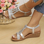 Frieda Orthopedic T-Strap Wedge Sandals with Rhinestones