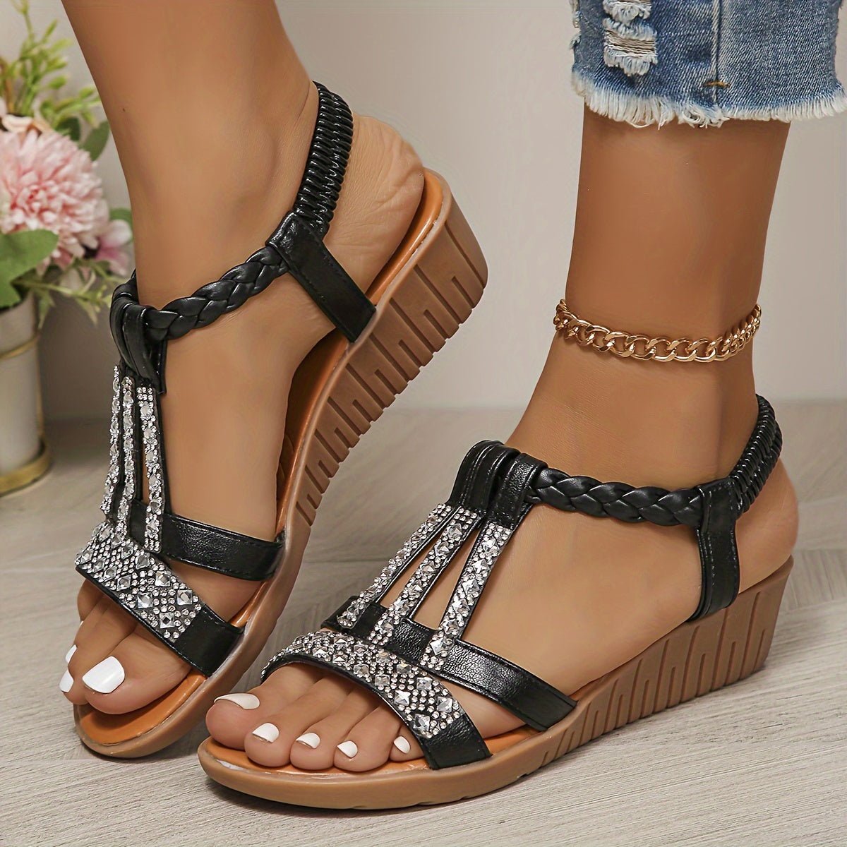 Frieda Orthopedic T-Strap Wedge Sandals with Rhinestones