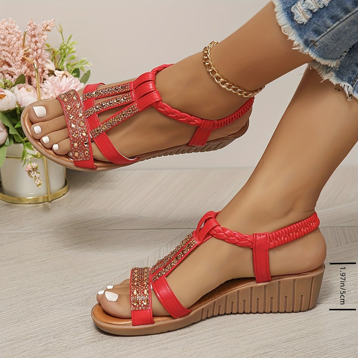 Frieda Orthopedic T-Strap Wedge Sandals with Rhinestones