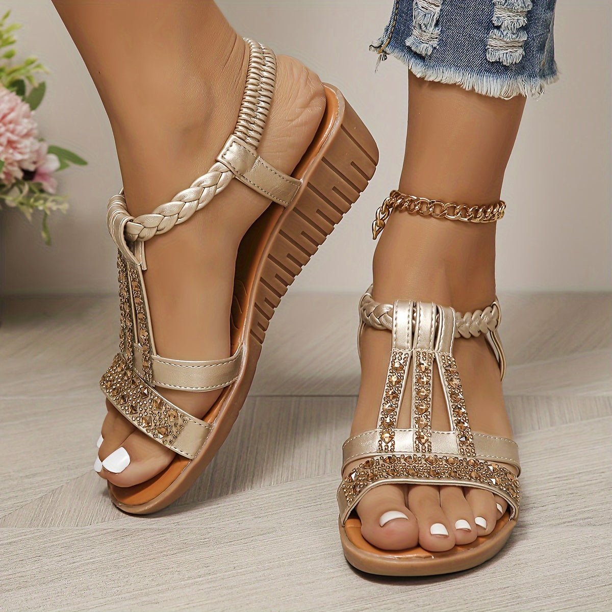 Frieda Orthopedic T-Strap Wedge Sandals with Rhinestones